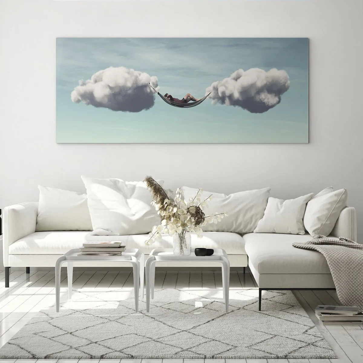 Glasbild - Bild auf glas - Eine Person entspannt in einer Hängematte in den Wolken - 140x50cm - Die Behaglichkeit des Augenblicks - Moderne Wanddekoration für Wohnzimmer und Schlafzimmer ARTTOR