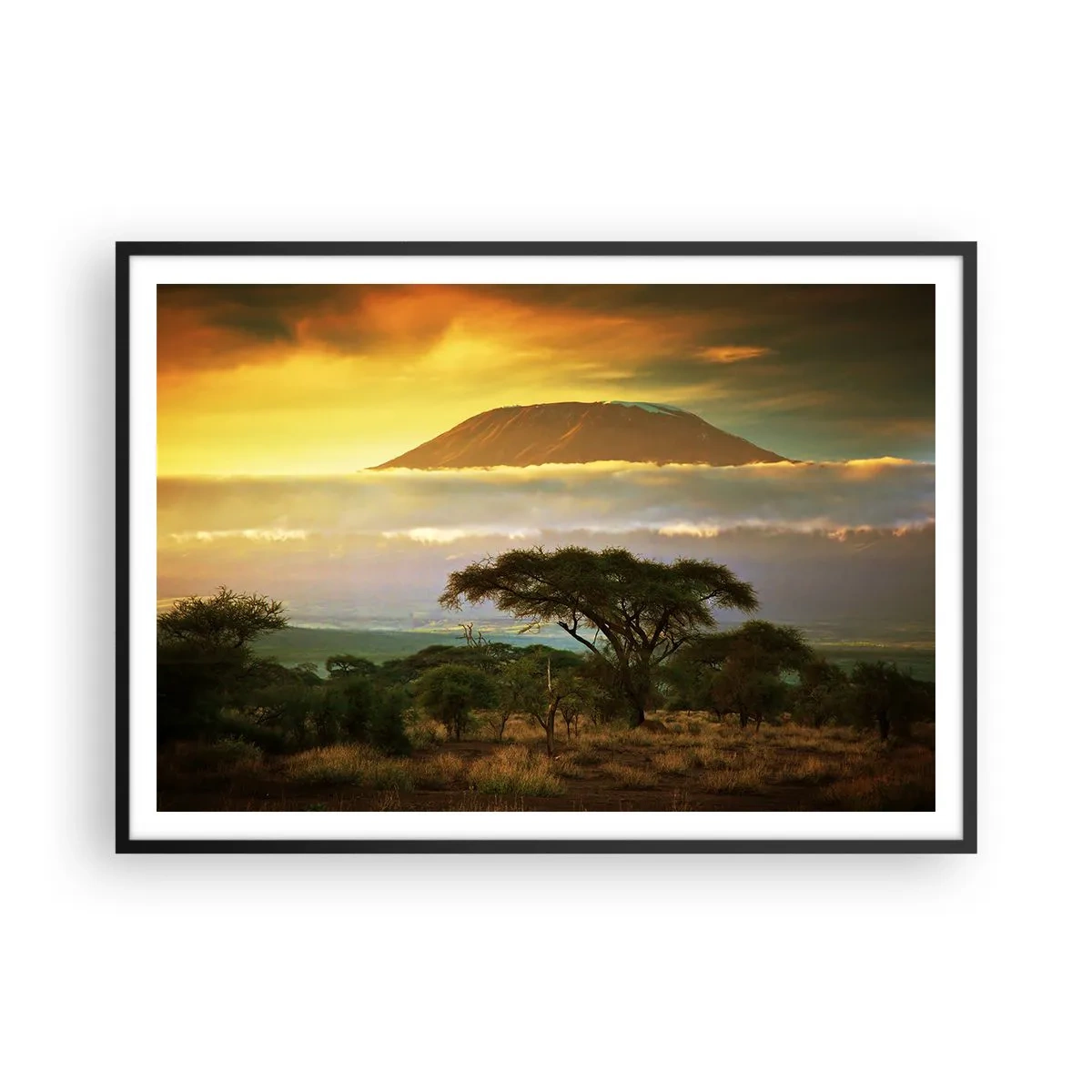 Poster in einem schwarzem Rahmen - Afrikanische Landschaft mit Kilimandscharo bei Sonnenaufgang - 100x70cm - Ein Reisetraum - Moderne Wanddekoration für Wohnzimmer und Schlafzimmer ARTTOR