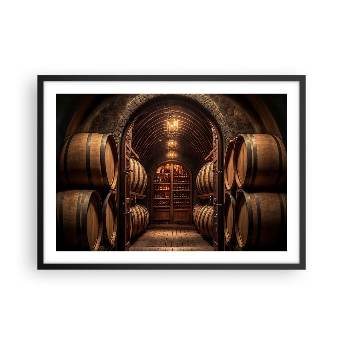 Poster in einem schwarzem Rahmen - Weinkeller mit Holzfässern und Weinregalen - 70x50cm - Stimmungsvoller Keller - Moderne Wanddekoration für Wohnzimmer und Schlafzimmer ARTTOR