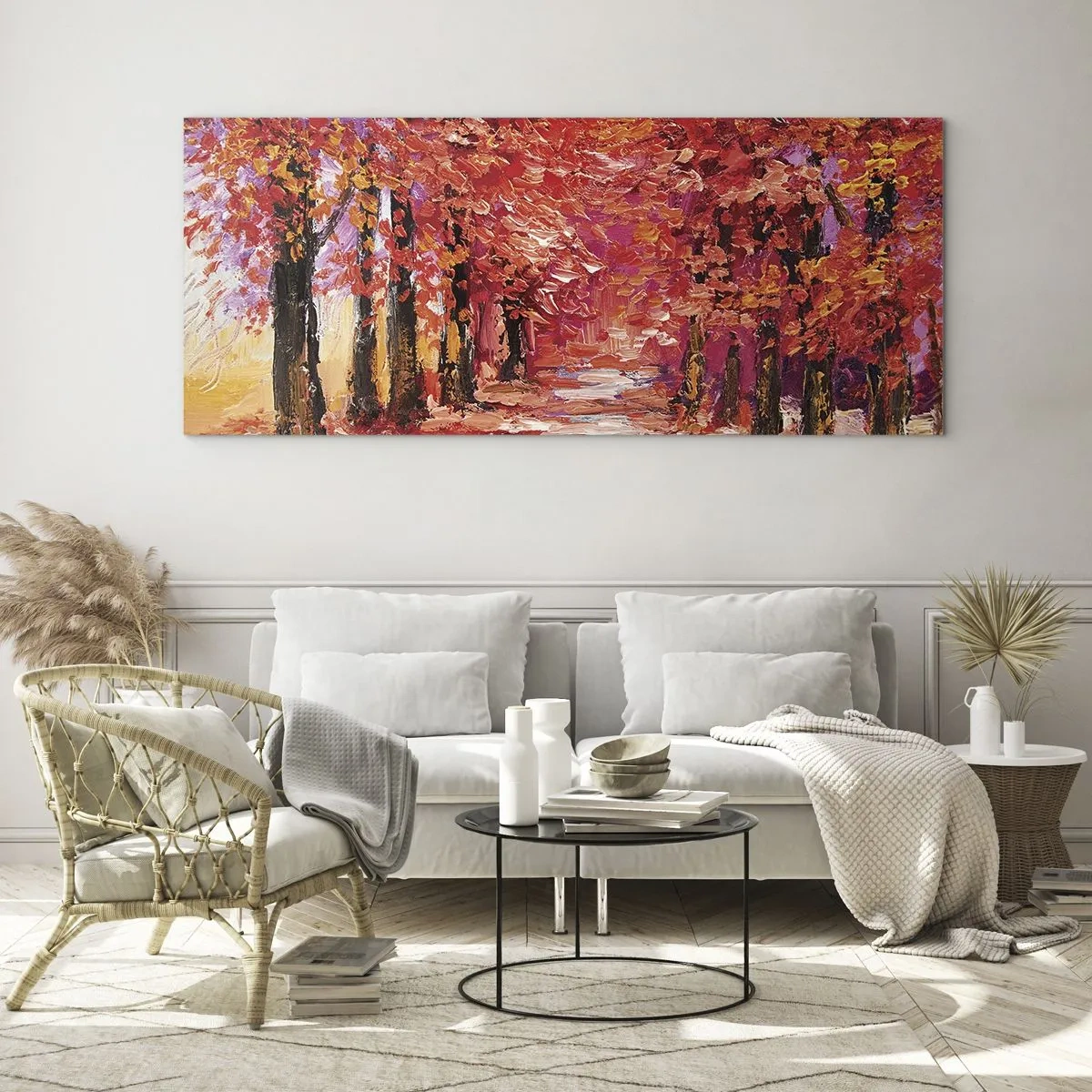 Glasbild - Bild auf glas - Eine malerische Gasse in herbstlichen Farben im impressionistischen Stil - 120x50cm - Herbstlicher Eindruck - Moderne Wanddekoration für Wohnzimmer und Schlafzimmer ARTTOR