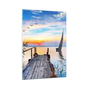 Glasbild - Bild auf glas - Ein Steg am See bei Sonnenuntergang mit einem Segelboot im Hintergrund - 50x70cm - Guten Abend - Moderne Wanddekoration für Wohnzimmer und Schlafzimmer ARTTOR