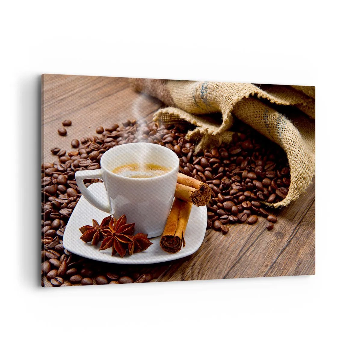 Bild auf Leinwand - Leinwandbild - Eine Tasse Kaffee mit Zimt und Anis auf einem Hintergrund aus Kaffeebohnen - 120x80cm - Würziger Geschmack und Aroma - Moderne Wanddekoration für Wohnzimmer und Schlafzimmer ARTTOR