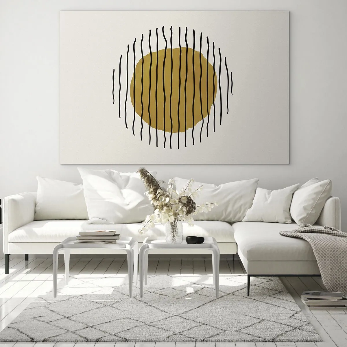 Glasbild - Bild auf glas - Eine minimalistische Komposition mit einem gelben Kreis und schwarzen Linien. - 70x50cm - Abstraktion, die vor Hitze zittert - Moderne Wanddekoration für Wohnzimmer und Schlafzimmer ARTTOR