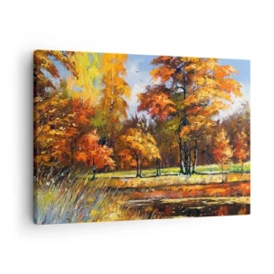 Bild auf Leinwand - Leinwandbild - Herbstlandschaft mit bunten Bäumen und einem Teich - 70x50cm - Landschaft in Gold und Bronze - Moderne Wanddekoration für Wohnzimmer und Schlafzimmer ARTTOR