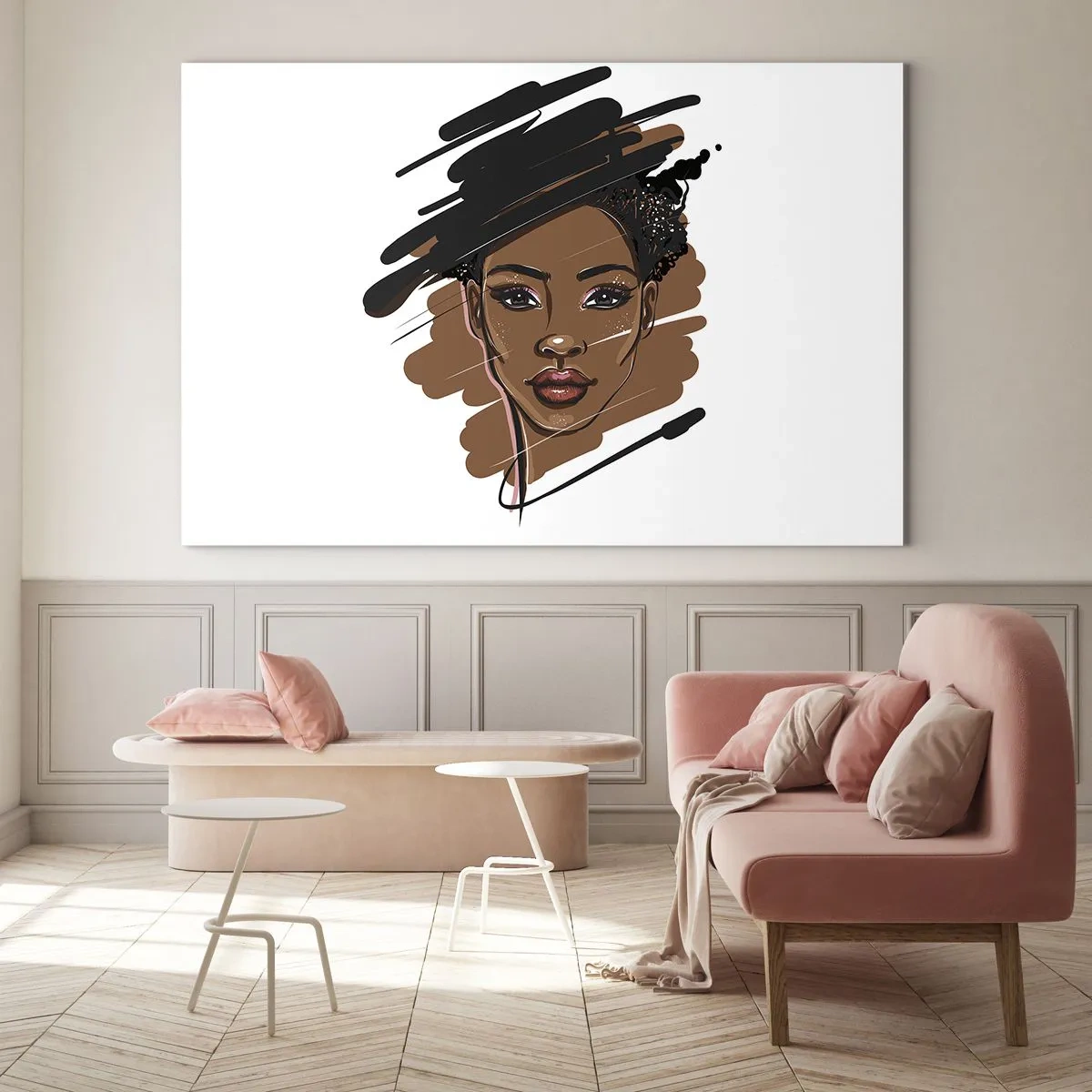 Glasbild - Bild auf glas - Porträt einer schwarzen Frau im Stil einer Modeskizze - 70x50cm - Süß wie Schokolade - Moderne Wanddekoration für Wohnzimmer und Schlafzimmer ARTTOR