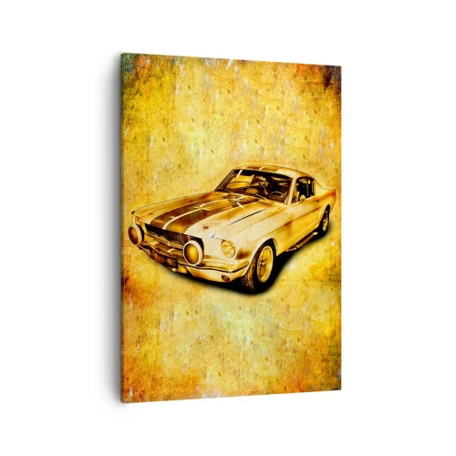 Bild auf Leinwand - Leinwandbild - Klassischer Retro-Sportwagen auf Vintage-Hintergrund in Goldtönen - 50x70cm - Die verrückten 70er Jahre - Moderne Wanddekoration für Wohnzimmer und Schlafzimmer ARTTOR