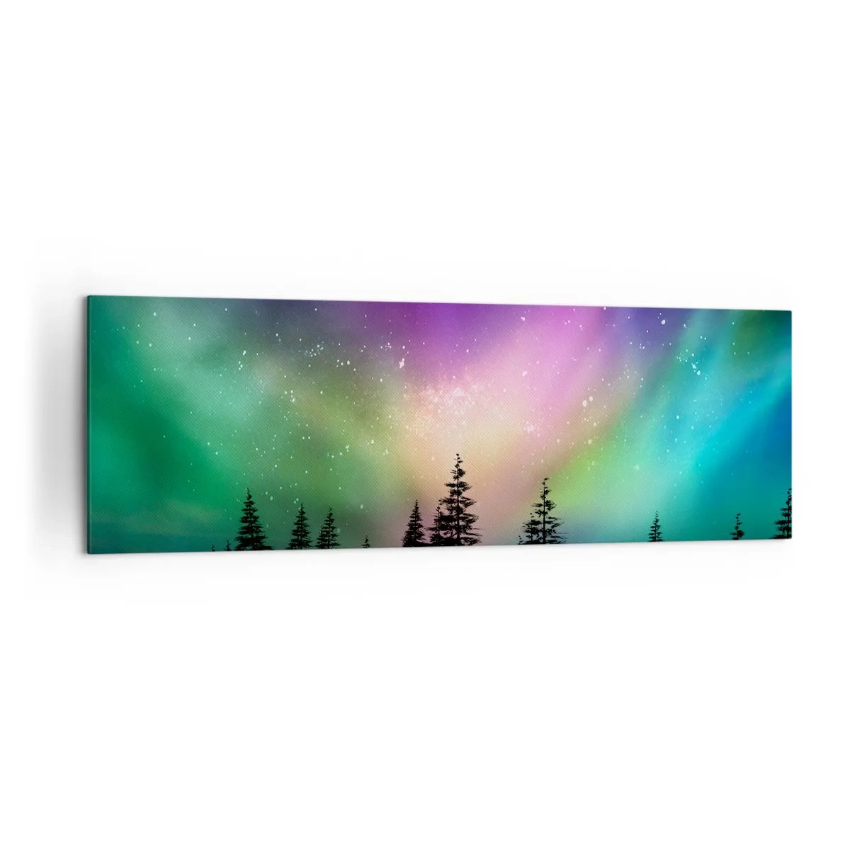 Bild auf Leinwand - Leinwandbild - Aurora Borealis über einem Wald mit Sternenhimmel - 160x50cm - weiße Magie - Moderne Wanddekoration für Wohnzimmer und Schlafzimmer ARTTOR