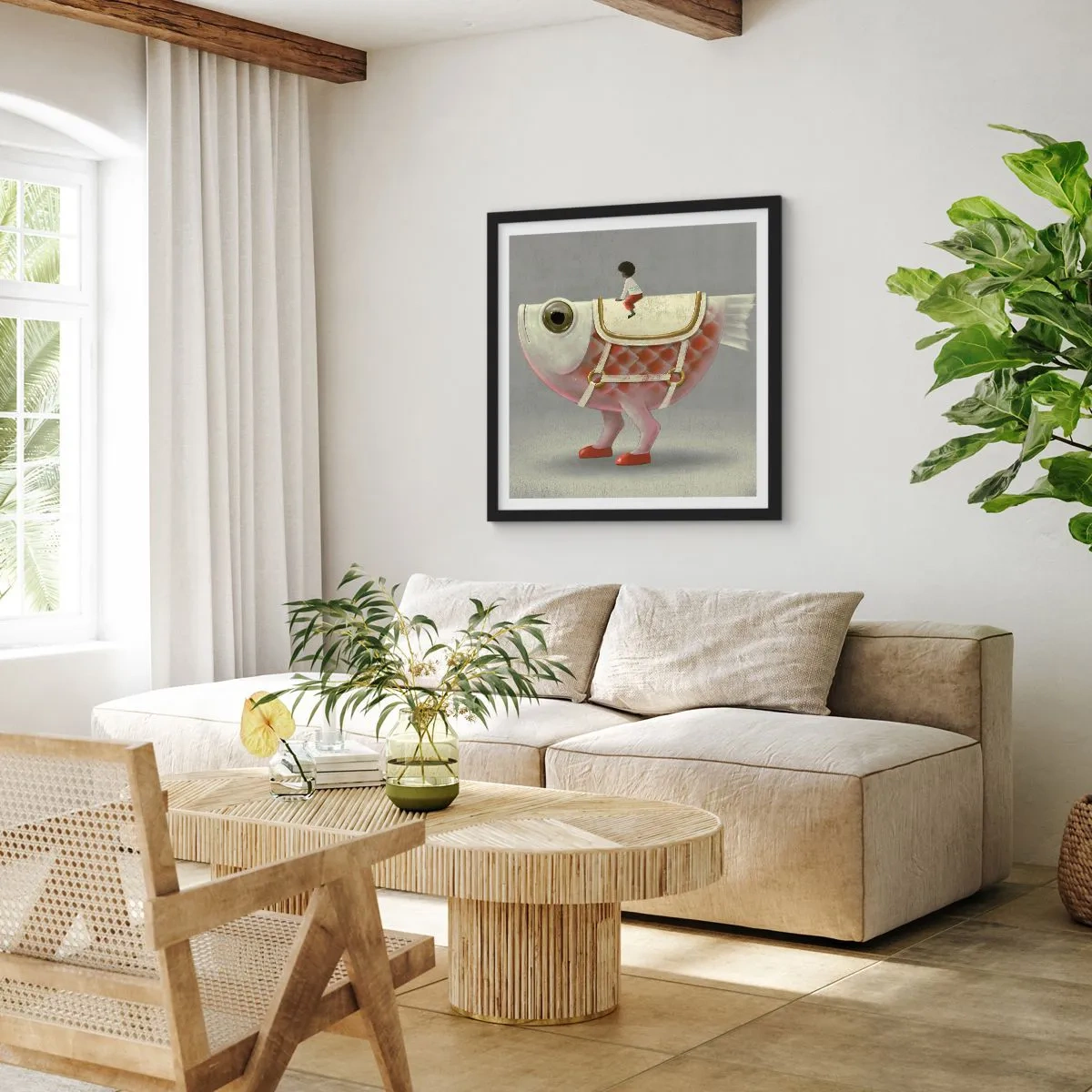 Poster in einem schwarzem Rahmen - Reiter auf einem surrealen Fisch - 50x50 cm