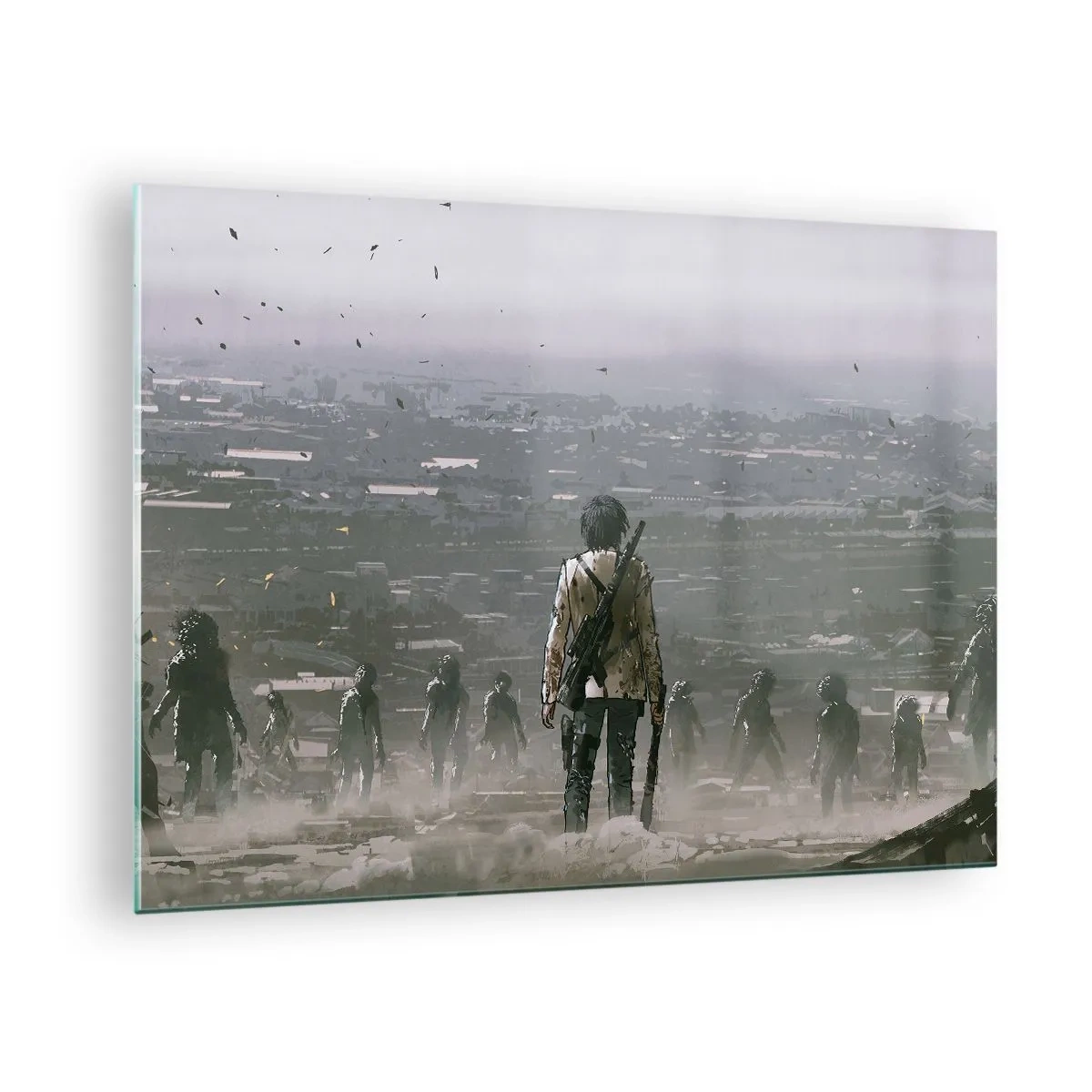 Glasbild - Bild auf glas - Eine Figur mit einem Gewehr in der dunklen Szenerie einer sich nähernden Gruppe - 70x50cm - Letzter Gerechter? - Moderne Wanddekoration für Wohnzimmer und Schlafzimmer ARTTOR