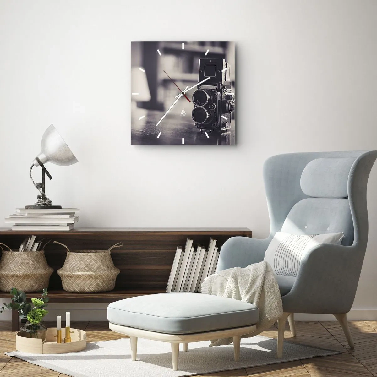 Wanduhr - Glasuhr - Antike Kamera in Schwarz und Weiß - 30x30cm - Zauber alter Fotografie - Moderne Wanddekoration für Wohnzimmer und Schlafzimmer ARTTOR