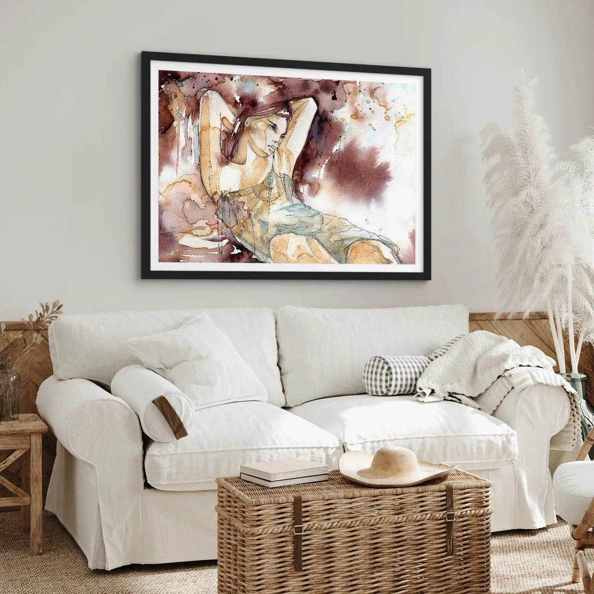 Poster in einem schwarzem Rahmen - Frau im künstlerischen Aquarellstil mit braunem Hintergrund - 100x70cm - In lila Stimmung - Moderne Wanddekoration für Wohnzimmer und Schlafzimmer ARTTOR