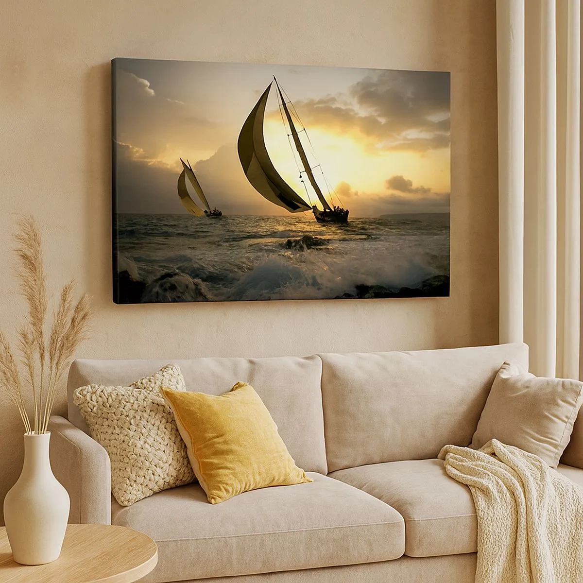 Bild auf Leinwand - Leinwandbild - Segelboote auf See bei Sonnenuntergang - 70x50cm - Mit dem Wind und gegen den Wind - Moderne Wanddekoration für Wohnzimmer und Schlafzimmer ARTTOR