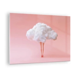 Glasbild - Bild auf glas - Eine Frauenfigur mit einer Wolke anstelle eines Kleides vor einem pastellrosa Hintergrund. - 70x50cm - Süßes Versprechen - Moderne Wanddekoration für Wohnzimmer und Schlafzimmer ARTTOR