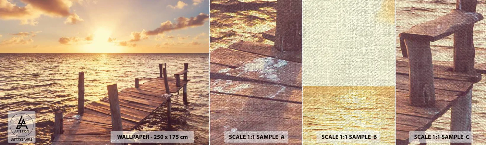 Fototapeten Muster Premium Canvas - Das goldene Land der Sanftmut - Landschaft, Meer, Holzbrücke - 100x30 cm