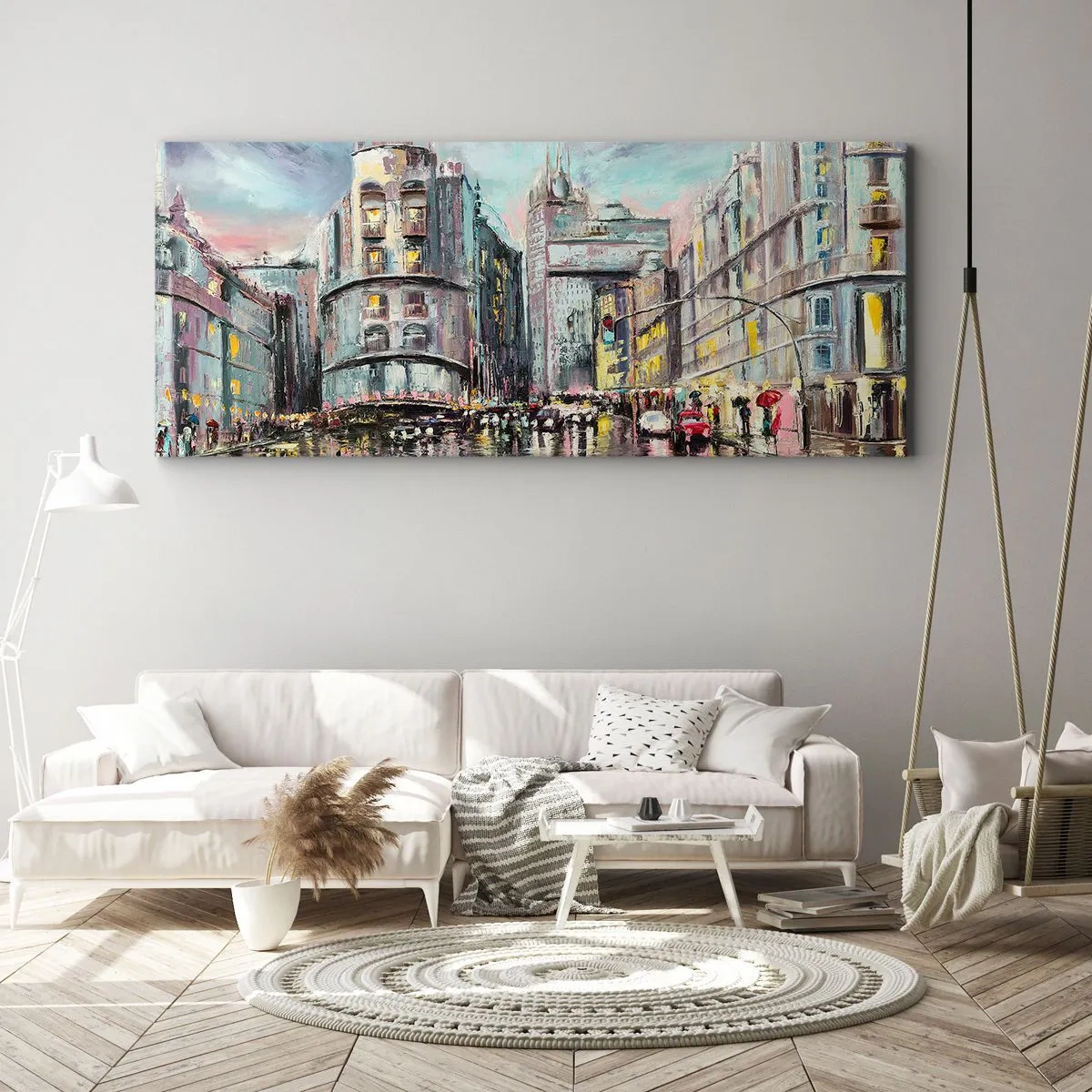 Bild auf Leinwand - Leinwandbild - Abendlicher Blick auf die Stadt mit Spiegelungen auf der nassen Straße - 120x50cm - Es wird ein gelungener Abend - Moderne Wanddekoration für Wohnzimmer und Schlafzimmer ARTTOR