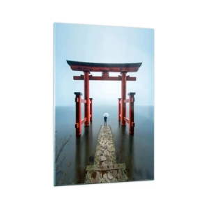 Glasbild - Bild auf glas - Ein Torii-Tor mit Blick auf einen ruhigen See in Japan - 70x100cm - Japanische Träumerei - Moderne Wanddekoration für Wohnzimmer und Schlafzimmer ARTTOR