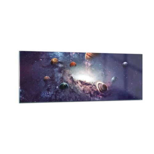 Glasbild - Bild auf glas - Planeten in einer Galaxie mit einem Nebel im Hintergrund - 140x50cm - Solar-Tanz-System - Moderne Wanddekoration für Wohnzimmer und Schlafzimmer ARTTOR