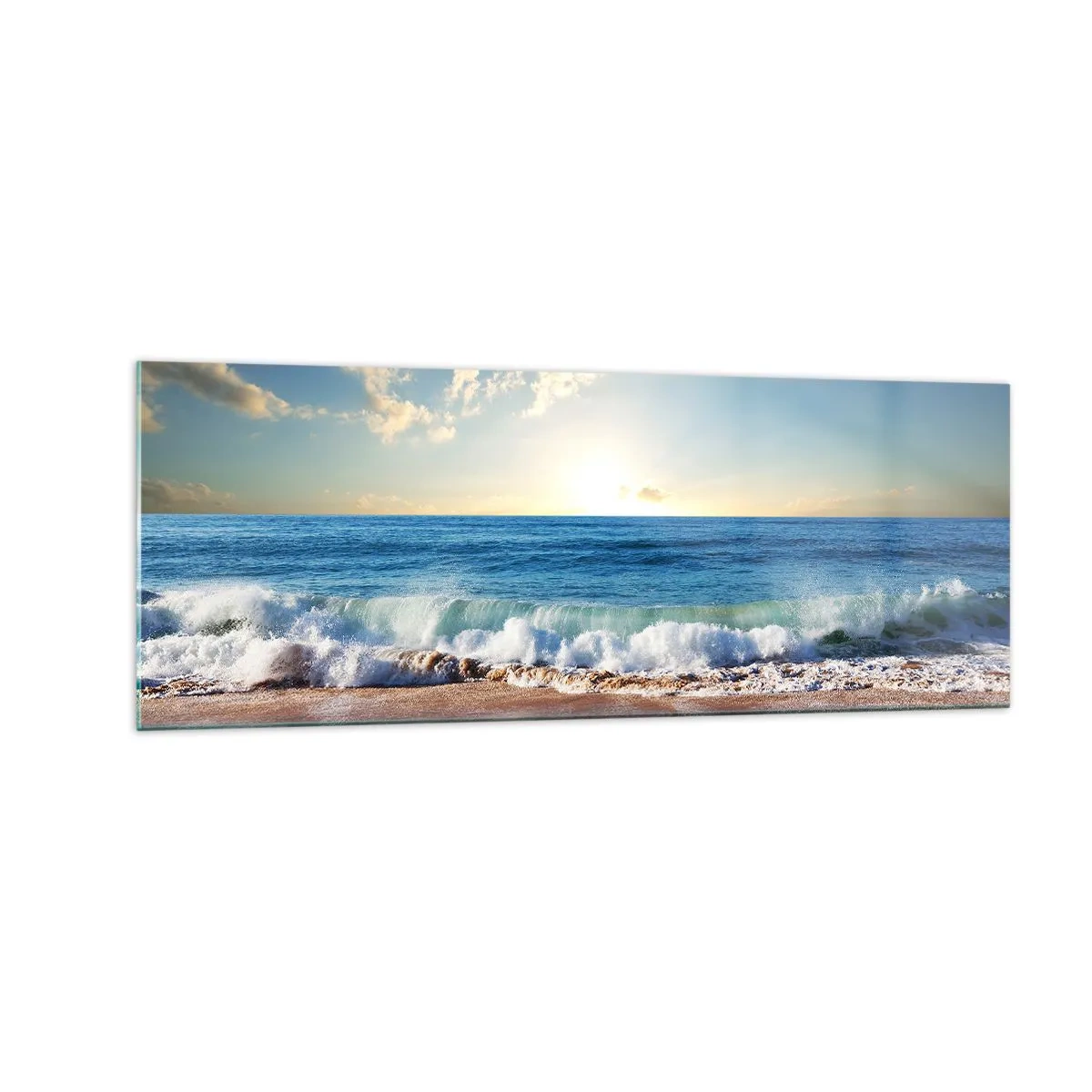 Glasbild - Bild auf glas - Ein sonniger Strand mit Wellen, die an die Küste krachen - 140x50cm - Bewegung und Stille zugleich - Moderne Wanddekoration für Wohnzimmer und Schlafzimmer ARTTOR