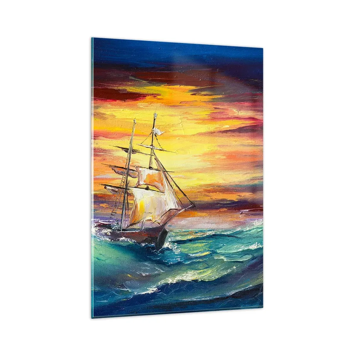 Glasbild - Bild auf glas - Ein Segelschiff vor der Kulisse eines farbenfrohen Sonnenuntergangs - 80x120cm - Tapfer unter den Wellen - Moderne Wanddekoration für Wohnzimmer und Schlafzimmer ARTTOR