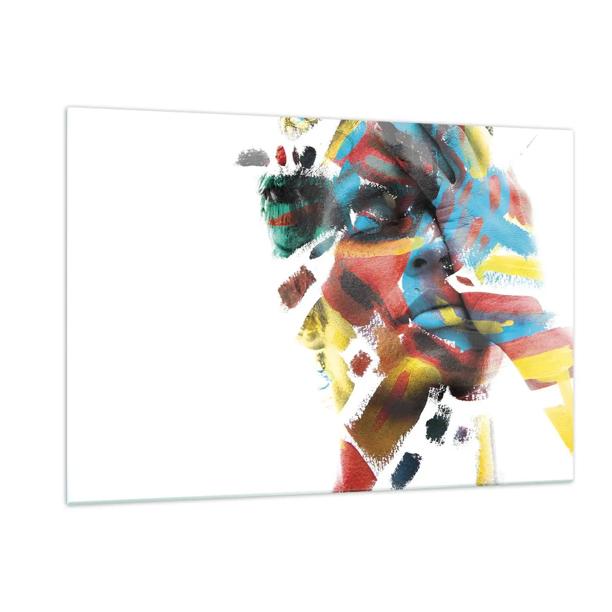 Glasbild - Bild auf glas - Portrait mit abstrakten, farbigen Akzenten im Gesicht - 120x80cm - Eine bunte Persönlichkeit - Moderne Wanddekoration für Wohnzimmer und Schlafzimmer ARTTOR