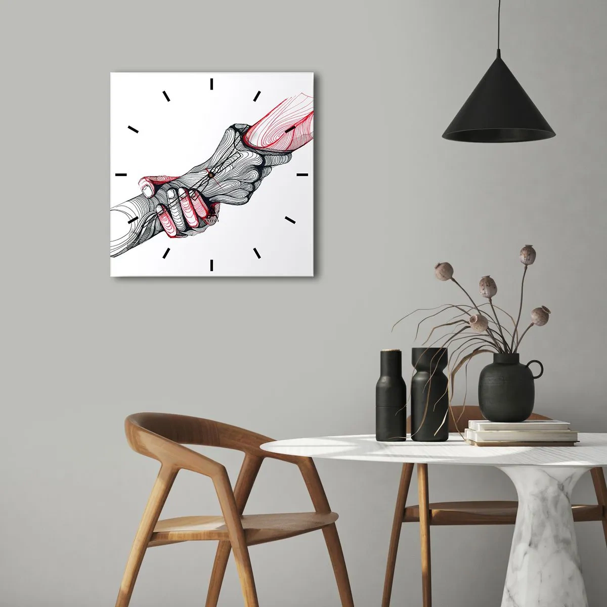 Wanduhr - Glasuhr - Künstlerische Hände, die sich im minimalistischen Stil halten - 30x30cm - Sie sind in guten Händen - Moderne Wanddekoration für Wohnzimmer und Schlafzimmer ARTTOR