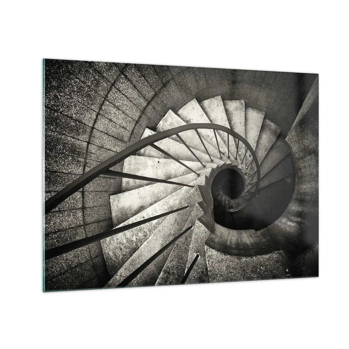 Glasbild - Bild auf glas - Eine schwarz-weiße Wendeltreppe aus der Vogelperspektive - 70x50cm - Treppe hoch, Treppe runter - Moderne Wanddekoration für Wohnzimmer und Schlafzimmer ARTTOR