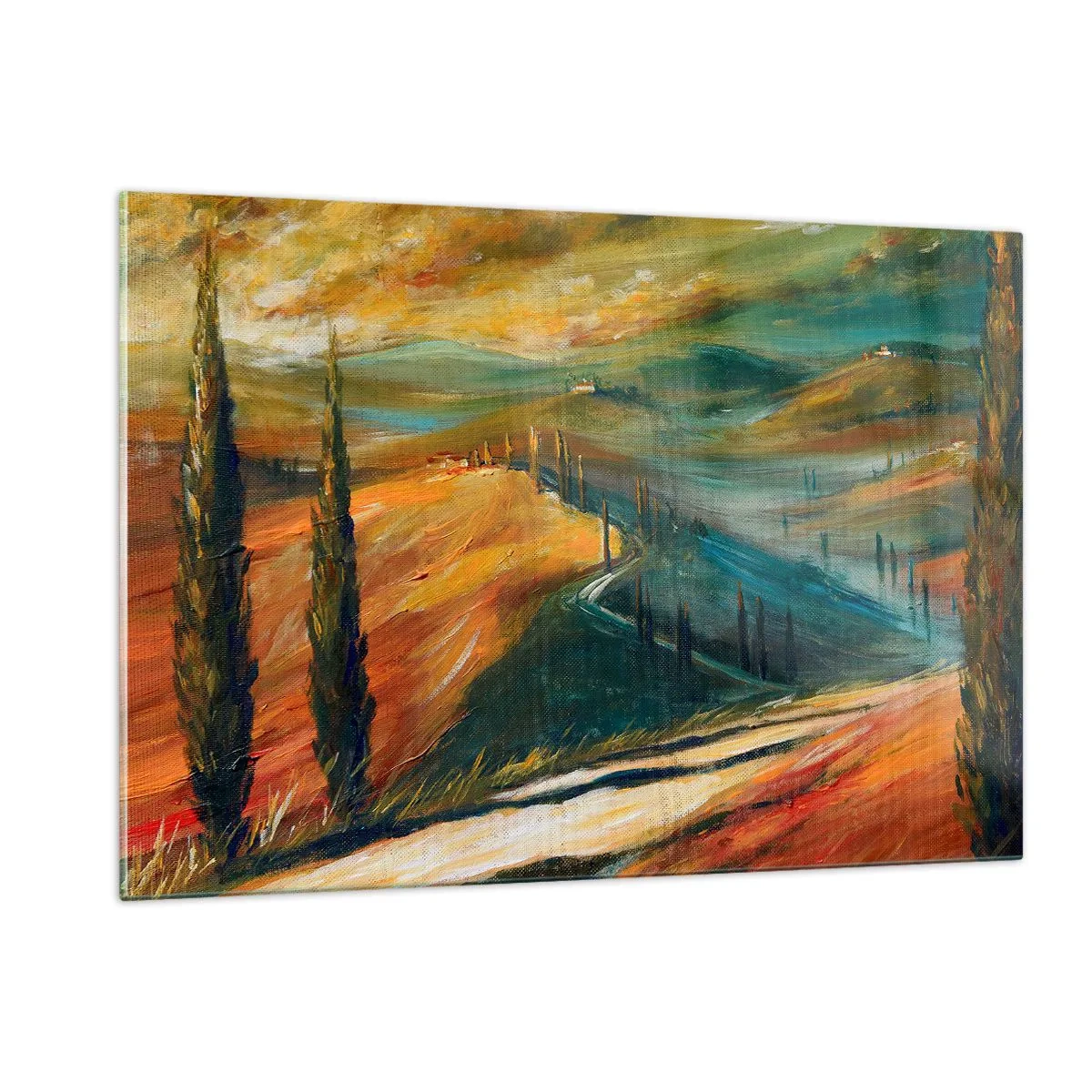 Glasbild - Bild auf glas - Sonnenuntergang über einem toskanischen Hügel - 120x80cm - Toskanische Landschaft - Moderne Wanddekoration für Wohnzimmer und Schlafzimmer ARTTOR