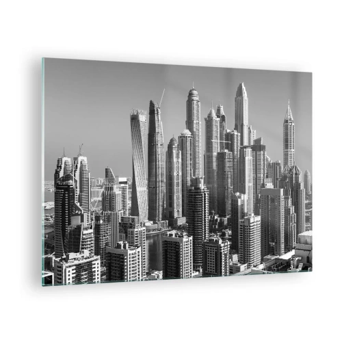 Glasbild - Bild auf glas - Schwarz-Weiß-Panorama der Wolkenkratzer der Stadt - 70x50cm - Stadt in der Wüste - Moderne Wanddekoration für Wohnzimmer und Schlafzimmer ARTTOR
