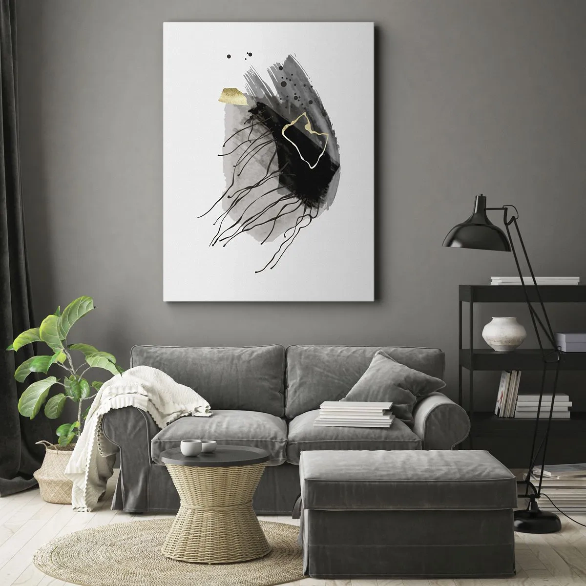 Bild auf Leinwand - Leinwandbild - Eine abstrakte Komposition mit Akzenten in Schwarz und Gold. - 70x100cm - In Schwarz und Gold - Moderne Wanddekoration für Wohnzimmer und Schlafzimmer ARTTOR