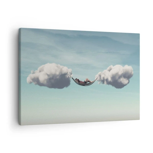 Bild auf Leinwand - Leinwandbild - Eine Person entspannt in einer Hängematte in den Wolken - 70x50cm - Die Behaglichkeit des Augenblicks - Moderne Wanddekoration für Wohnzimmer und Schlafzimmer ARTTOR