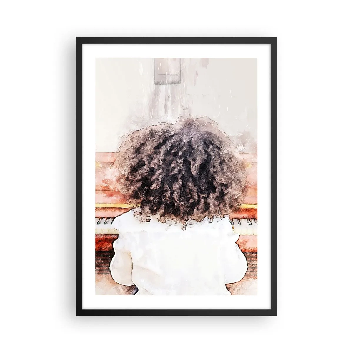 Poster in einem schwarzem Rahmen - Ein Kind mit üppigen Locken spielt Klavier im Aquarellstil - 50x70cm - In der neuen Welt - Moderne Wanddekoration für Wohnzimmer und Schlafzimmer ARTTOR