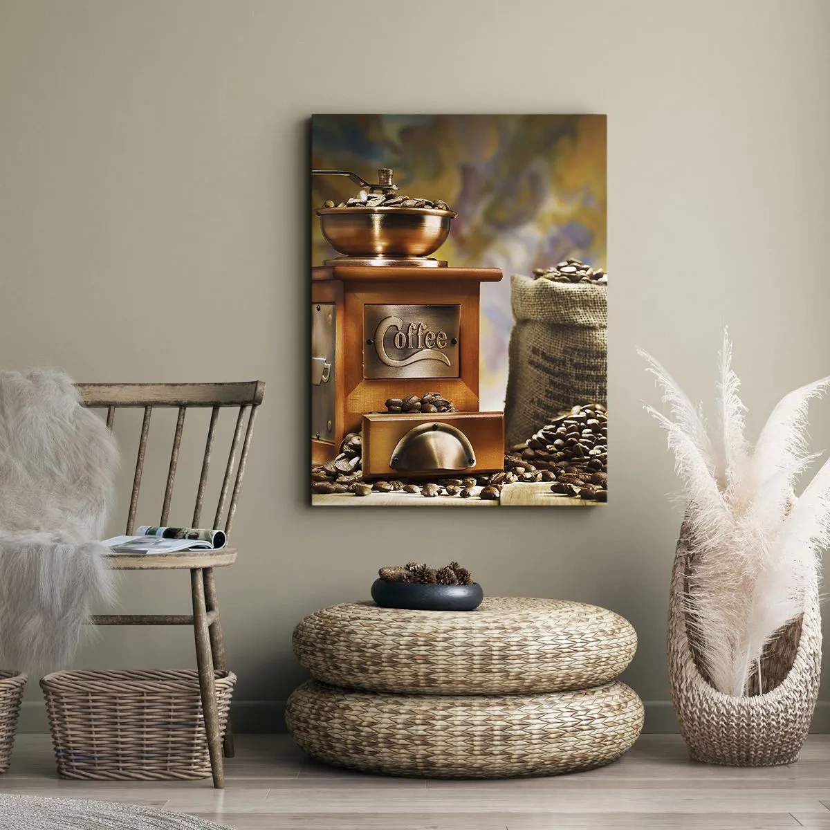 Bild auf Leinwand - Leinwandbild - Kaffeemühle mit Bohnen und einer Tasse auf dem Hintergrund - 50x70cm - Das Knirschen der Körner, das Rasseln einer Mühle - Moderne Wanddekoration für Wohnzimmer und Schlafzimmer ARTTOR