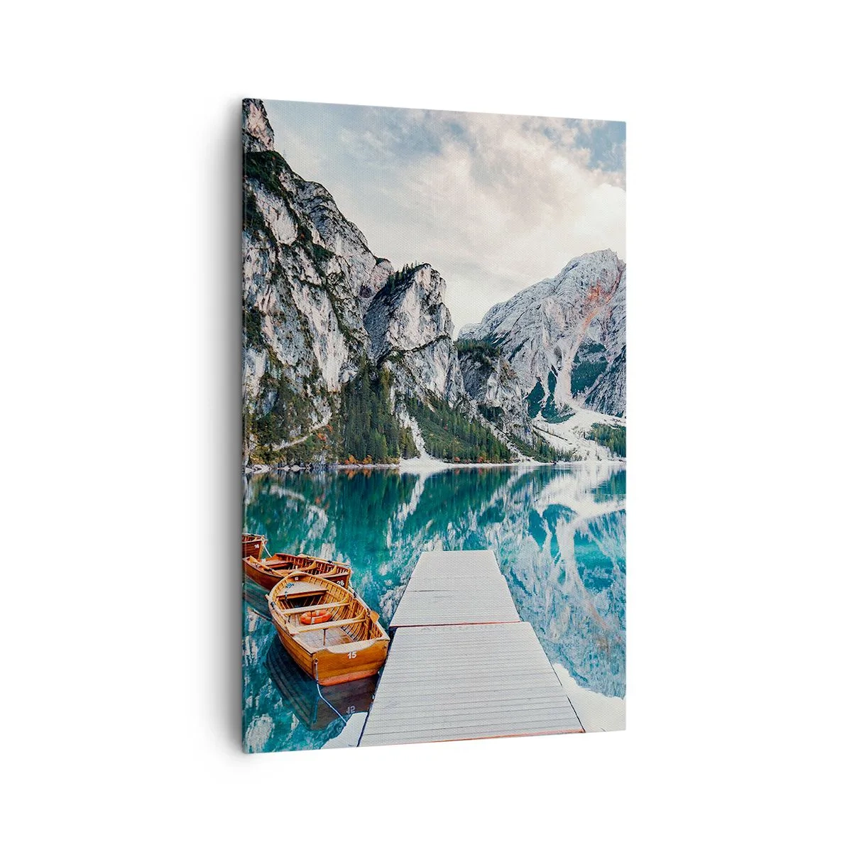 Bild auf Leinwand - Leinwandbild - Ein See mit Booten, umgeben von Bergen - 80x120cm - Wir zeigen Ihnen Schönheit - Moderne Wanddekoration für Wohnzimmer und Schlafzimmer ARTTOR