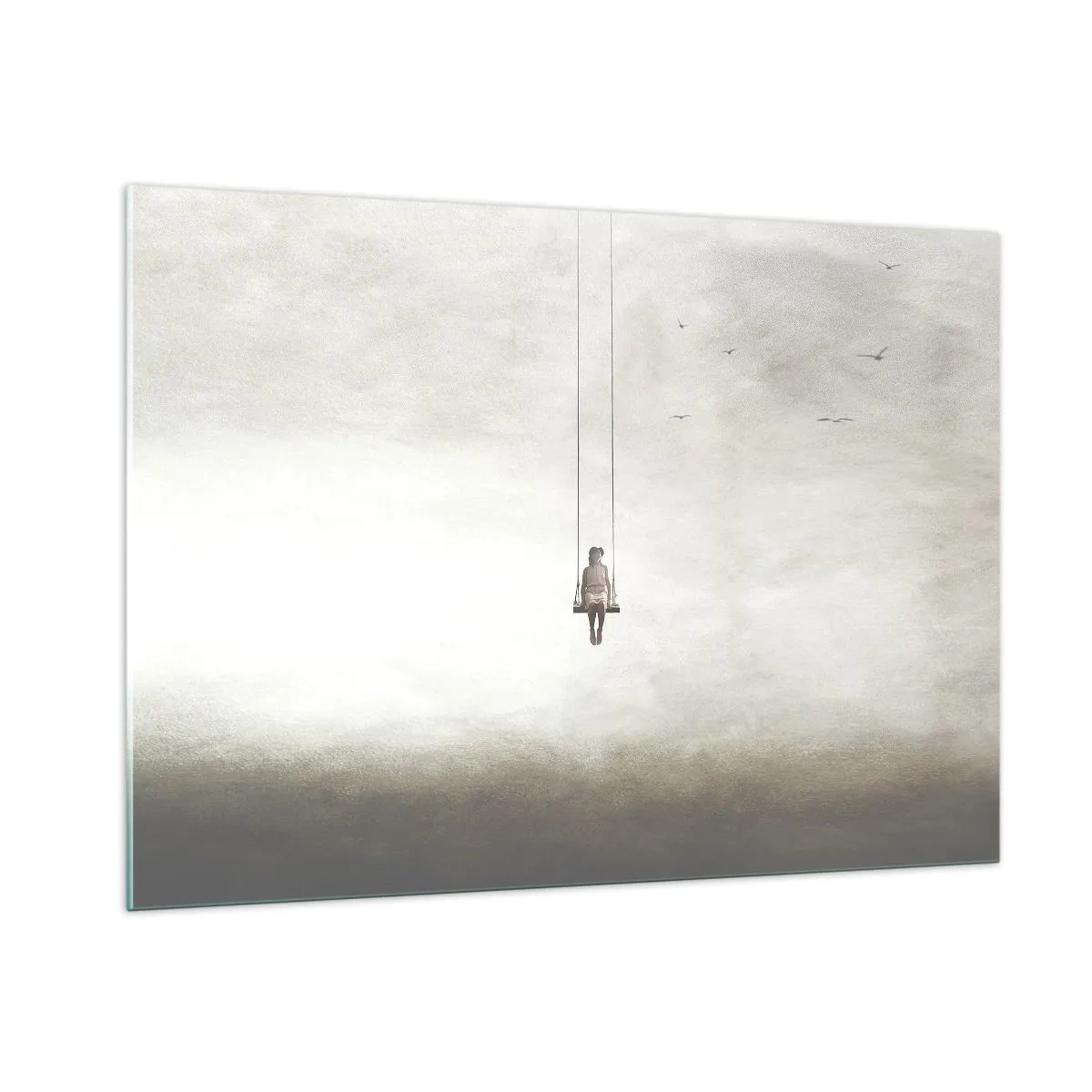 Glasbild - Bild auf glas - Eine Figur auf einer Schaukel, die im Himmel schwebt - 100x70cm - Ein Kind in uns - Moderne Wanddekoration für Wohnzimmer und Schlafzimmer ARTTOR
