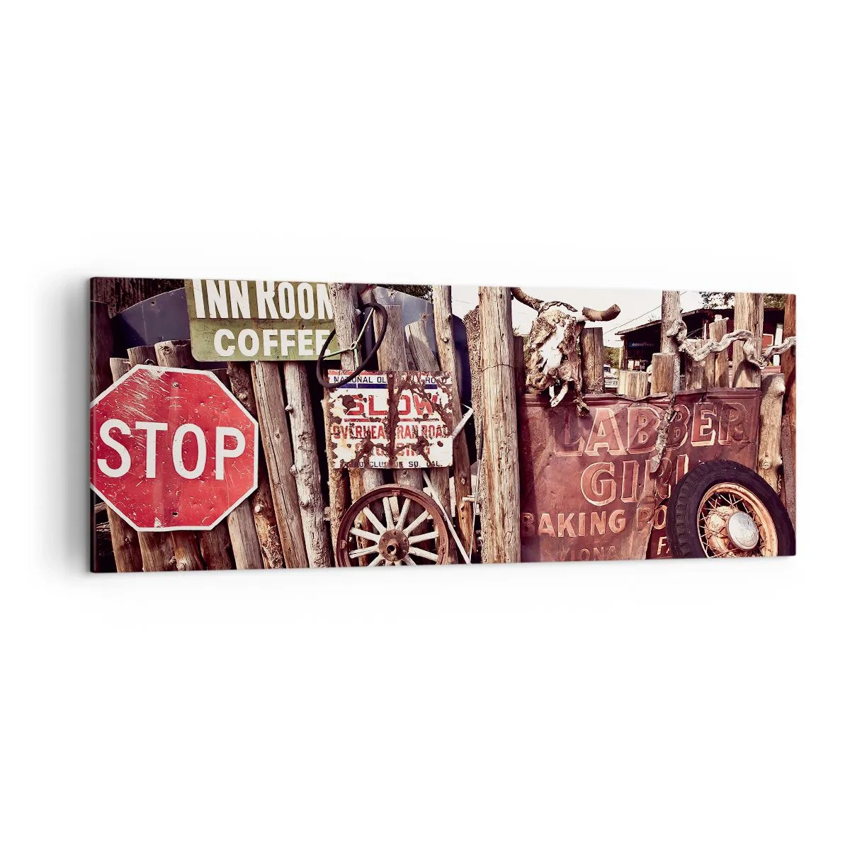 Bild auf Leinwand - Leinwandbild - Rustikale Dekoration mit Schildern und einem Rad am Zaun - 140x50cm - Und die Zeit ist stehen geblieben - Moderne Wanddekoration für Wohnzimmer und Schlafzimmer ARTTOR