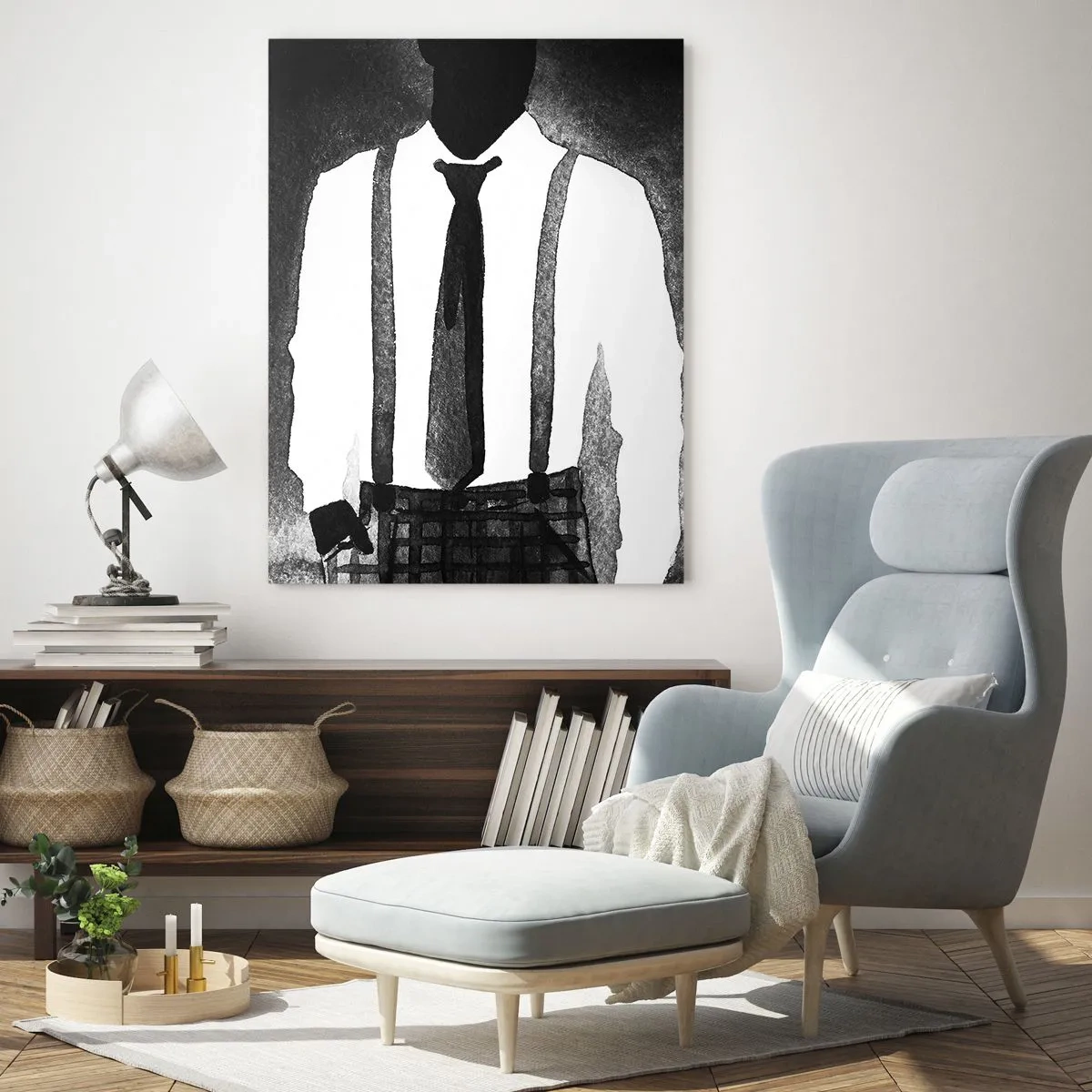 Glasbild - Bild auf glas - Charaktere im Noir-Stil, schwarz-weiße Eleganz und Mysterium - 70x100cm - In Noir-Atmosphäre - Moderne Wanddekoration für Wohnzimmer und Schlafzimmer ARTTOR