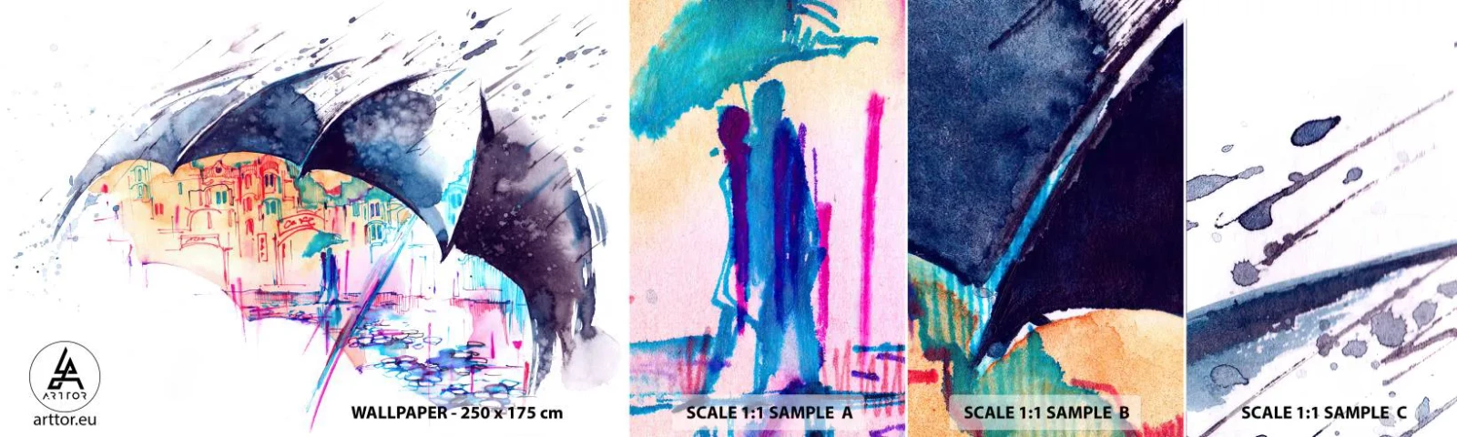 Fototapetenmuster Standard Eco - Im Regen spazieren gehen - Abstraktion, Regenschirm, Die Architektur - 100x30 cm