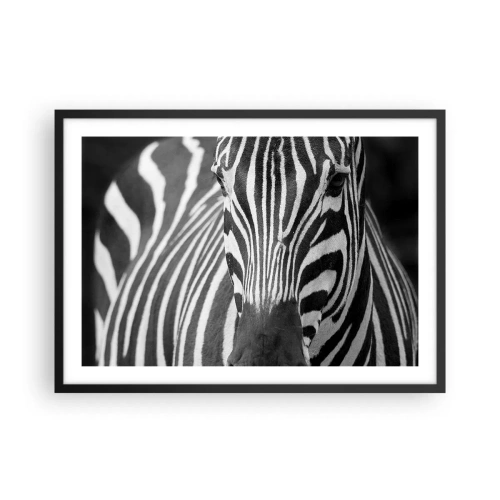 Poster in einem schwarzem Rahmen - Eine Schwarz-Weiß-Nahaufnahme eines Zebras mit seinen charakteristischen Streifen. - 70x50cm - Die Welt ist schwarz und weiß - Moderne Wanddekoration für Wohnzimmer und Schlafzimmer ARTTOR