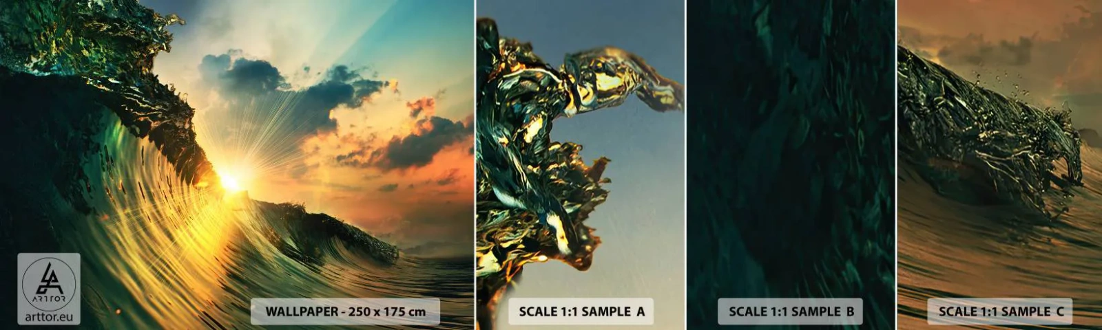 Fototapeten Muster Selbstklebend Deluxe Sticker - Surfer, wo bist du? - Meereswelle, Sonnenstrahlen, Natur - 100x30 cm