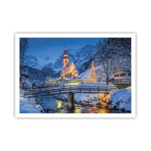 Poster - Winterlandschaft mit Kirche, Brücke und Bergen in der Abenddämmerung - 100x70cm - Weihnachtsgeist - Moderne Wanddekoration für Wohnzimmer und Schlafzimmer ARTTOR