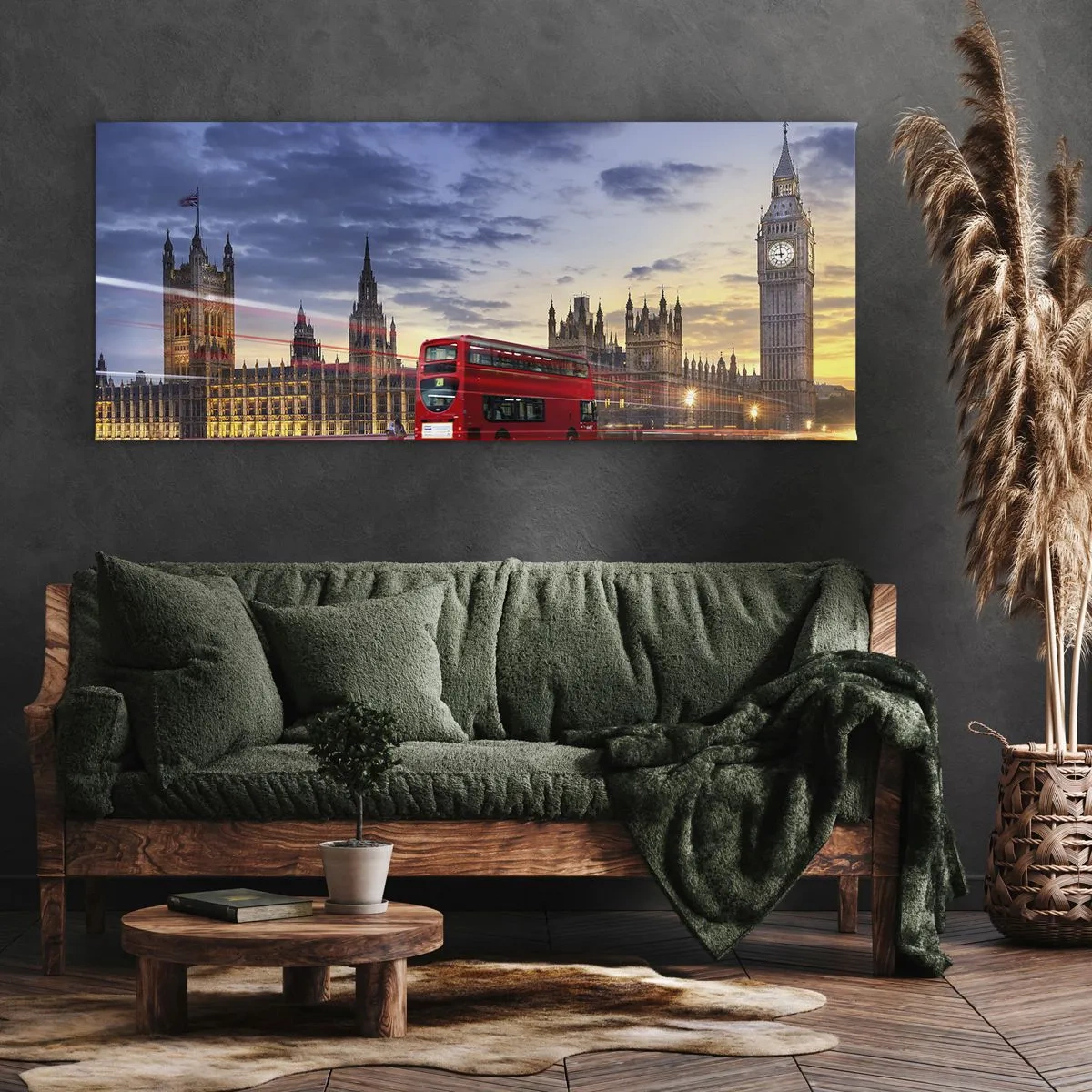Bild auf Leinwand - Leinwandbild - Ein roter Bus mit Big Ben und den Houses of Parliament im Hintergrund in der Abenddämmerung. - 120x50cm - Spezielle Charaktere - Moderne Wanddekoration für Wohnzimmer und Schlafzimmer ARTTOR