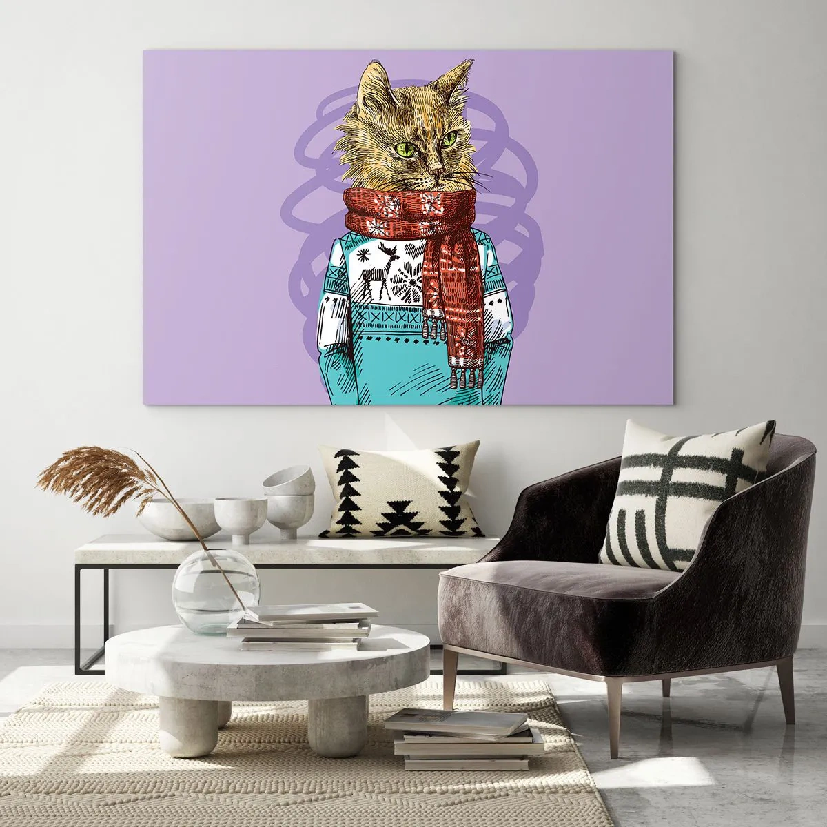 Glasbild - Bild auf glas - Eine Katze in Pullover und Schal auf violettem Hintergrund - 100x70cm - Die Katze nicht nur in Schuhen - Moderne Wanddekoration für Wohnzimmer und Schlafzimmer ARTTOR