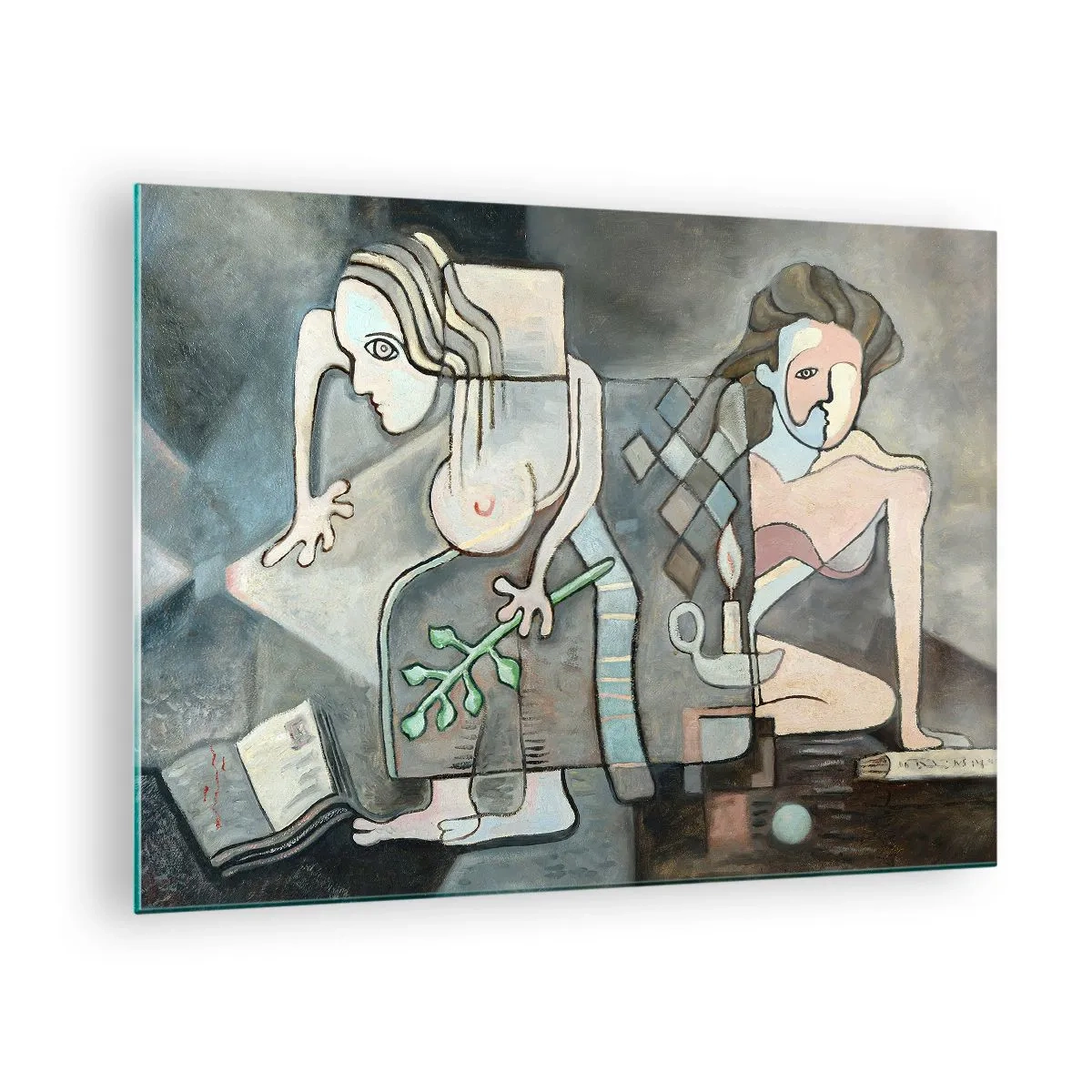 Glasbild - Bild auf glas - Eine abstrakte Szene mit zwei Figuren im kubistischen Stil. - 70x50cm - Mosaik aus Geist und Materie - Moderne Wanddekoration für Wohnzimmer und Schlafzimmer ARTTOR