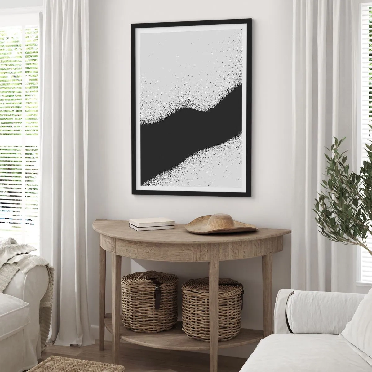Poster in einem schwarzem Rahmen - Minimalistische Wellenform in Schwarz und Grau mit körnigem Effekt - 50x70cm - Flüssiges Gleichgewicht - Moderne Wanddekoration für Wohnzimmer und Schlafzimmer ARTTOR