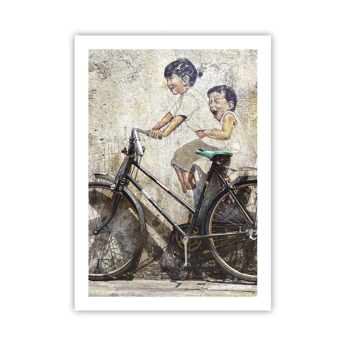 Poster - Ein Street-Art-Wandbild von Kindern auf einem Fahrrad - 50x70cm - Richtig oder falsch? - Moderne Wanddekoration für Wohnzimmer und Schlafzimmer ARTTOR