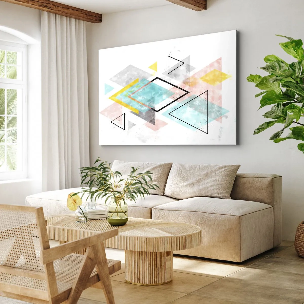Bild auf Leinwand - Leinwandbild - Bunte geometrische Muster auf weißem Hintergrund - 100x70cm - Geometrisches Spiel - Moderne Wanddekoration für Wohnzimmer und Schlafzimmer ARTTOR