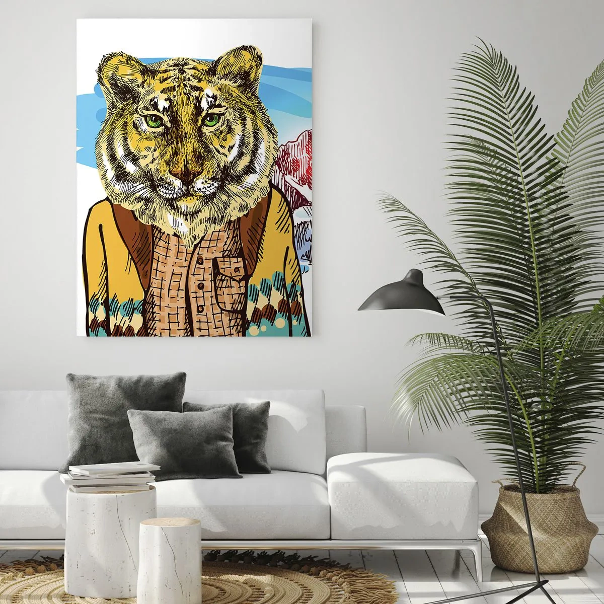 Glasbild - Bild auf glas - Ein Tiger im Mantel vor einer Berglandschaft - 80x120cm - Nicht so wild, wie sie ihn zeichnen - Moderne Wanddekoration für Wohnzimmer und Schlafzimmer ARTTOR
