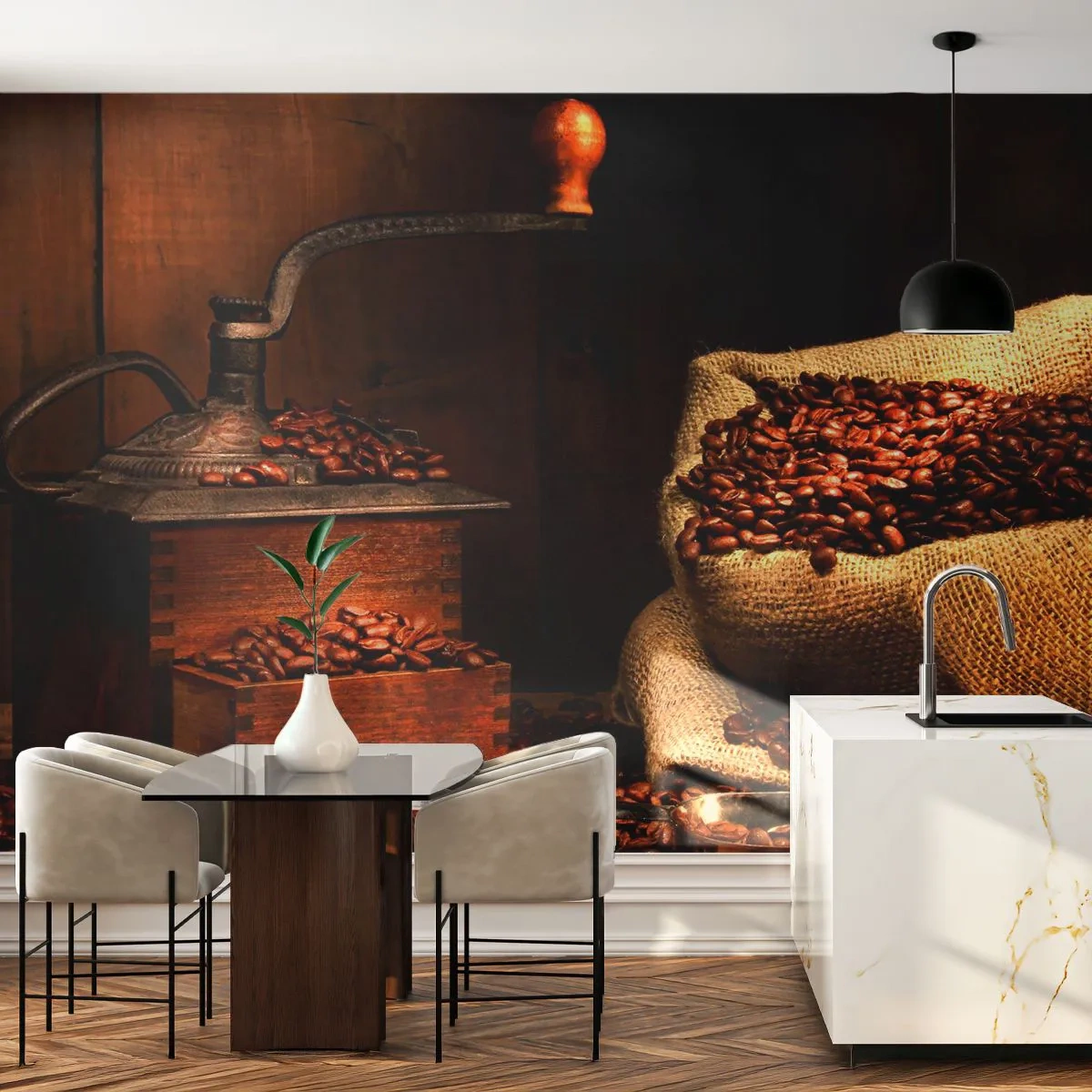 Fototapete Standard Eco - Stillleben mit Kaffeebohnen und einer Mühle - Gastronomie, Kaffee, Kaffeemühle - 400x280 cm