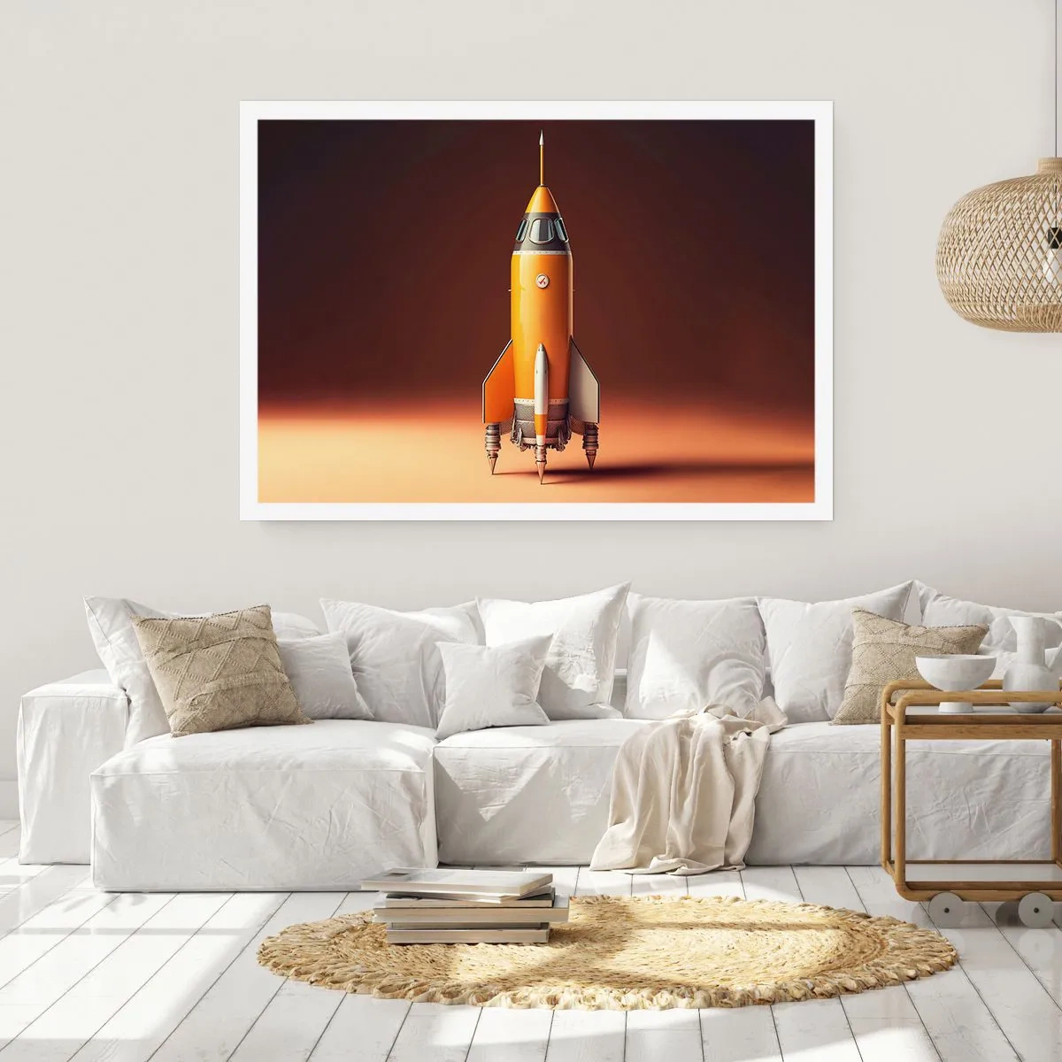 Poster - Eine Rakete im Retro-Stil vor einem Hintergrund in Brauntönen - 100x70cm - Es beginnt mit einem Traum - Moderne Wanddekoration für Wohnzimmer und Schlafzimmer ARTTOR