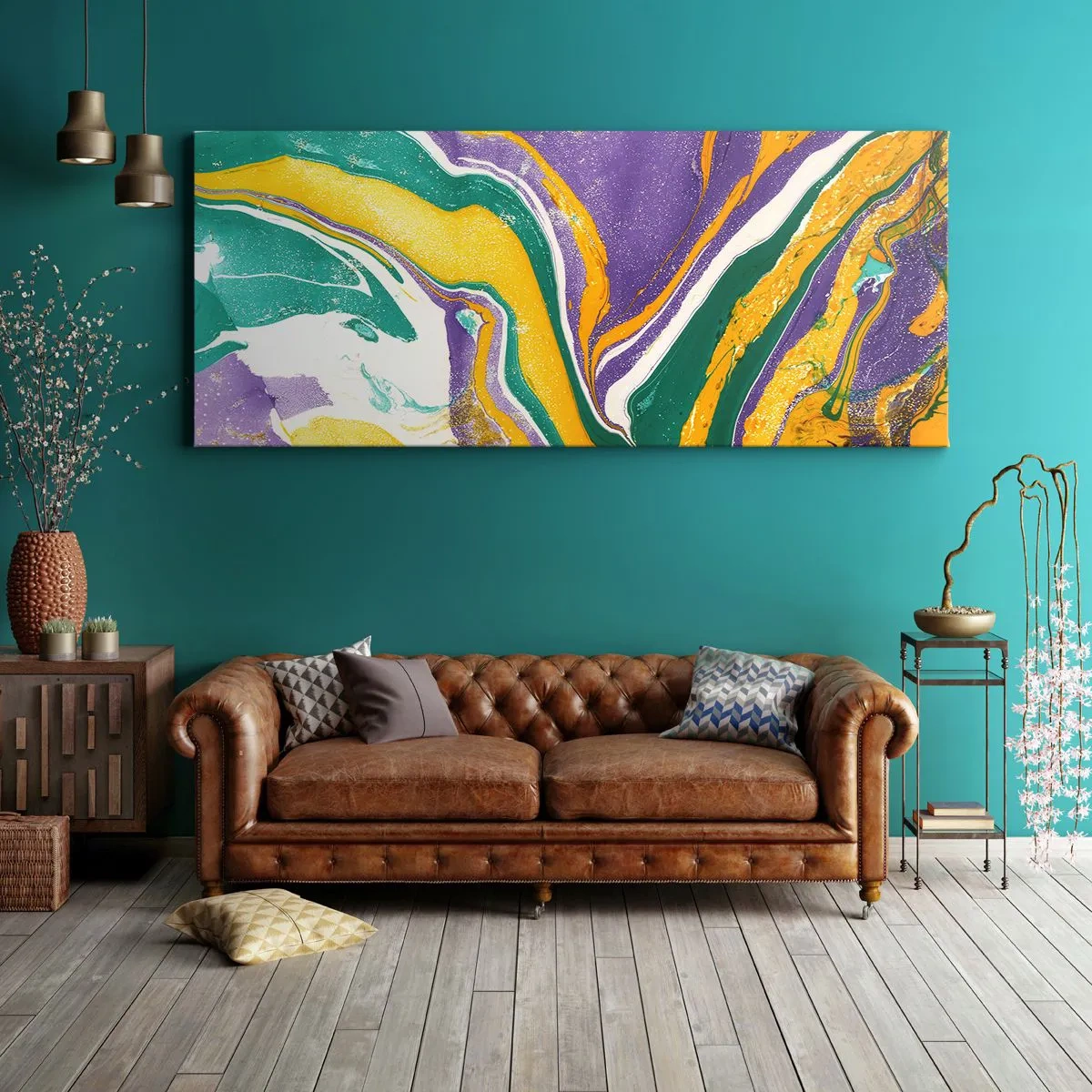 Bild auf Leinwand - Leinwandbild - Abstraktes Marmormuster in lebendigen Farben - 140x50cm - Farbwellen - Moderne Wanddekoration für Wohnzimmer und Schlafzimmer ARTTOR